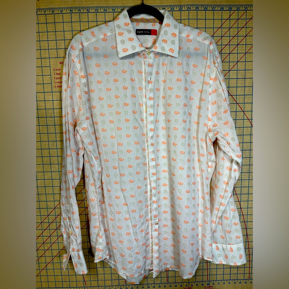 NYNE New York New Energy Shirt Button Mens XL White/Orange Long Sleeve